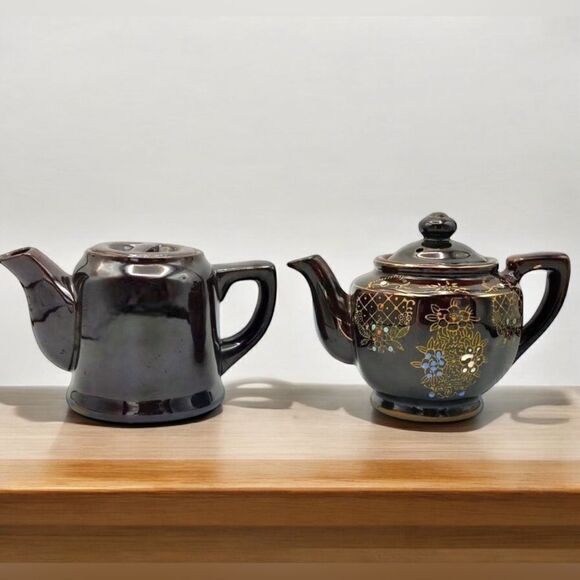 Vintage Japanese Iridescent Hand Painted Redware Pottery Individual Tea Pots - Picture 1 of 16